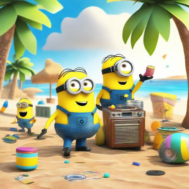 A Minion lives on a sunny beach and they are having a lively party