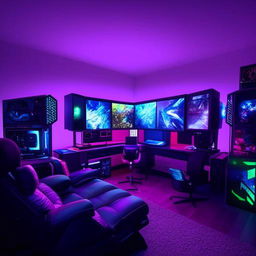 A cozy bedroom featuring a comfortable sofa in front of a state-of-the-art gaming setup with multiple monitors, ambient LED lights, high-end gaming equipment, and gaming memorabilia surrounding the area.