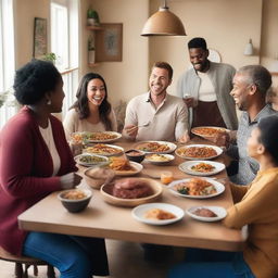 A lively and energetic scene featuring a group of people enjoying a meal together