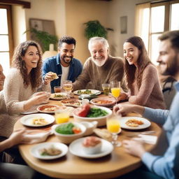 A lively and energetic scene featuring a group of people enjoying a meal together