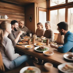 A lively and energetic scene featuring a group of people enjoying a meal together