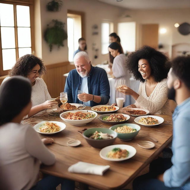 A lively and energetic scene featuring a group of people enjoying a meal together