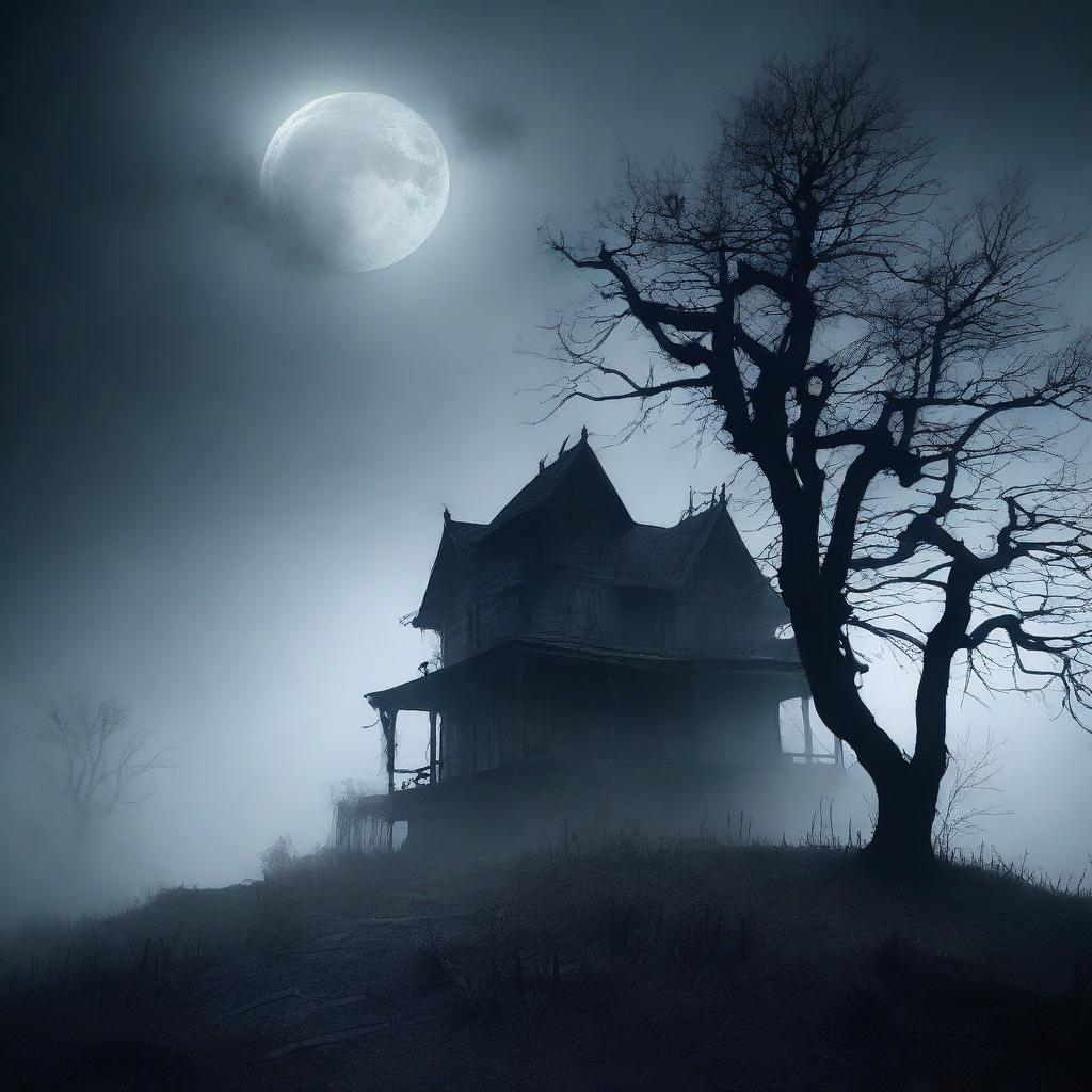 A dark and eerie scene featuring a haunted house on a hill, surrounded by a dense fog and twisted trees