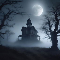 A dark and eerie scene featuring a haunted house on a hill, surrounded by a dense fog and twisted trees