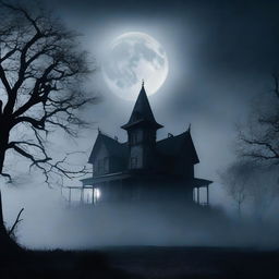 A dark and eerie scene featuring a haunted house on a hill, surrounded by a dense fog and twisted trees