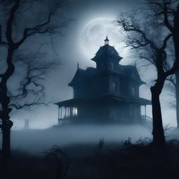 A dark and eerie scene featuring a haunted house on a hill, surrounded by a dense fog and twisted trees