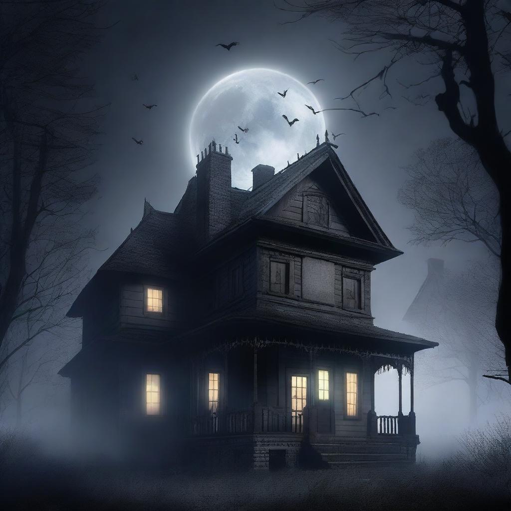 A spooky, haunted house on a dark, foggy night