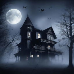 A spooky, haunted house on a dark, foggy night