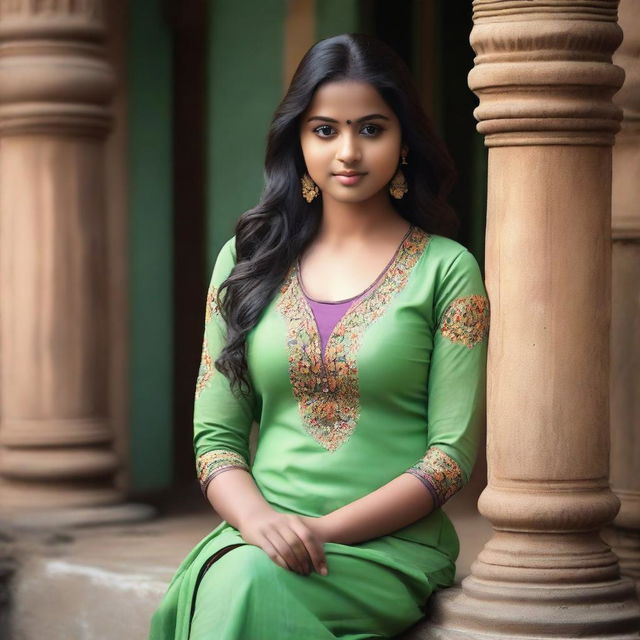 A teenage Bangladeshi girl wearing a low, round neck Kameez with visible cleavage