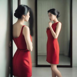 A lady wearing a short red dress is standing alone in front of a mirror