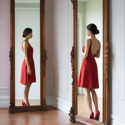 A lady wearing a short red dress is standing alone in front of a mirror