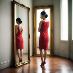 A lady wearing a short red dress is standing alone in front of a mirror