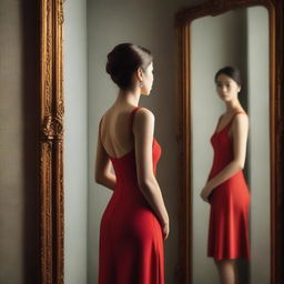 A lady wearing a short red dress is standing alone in front of a mirror