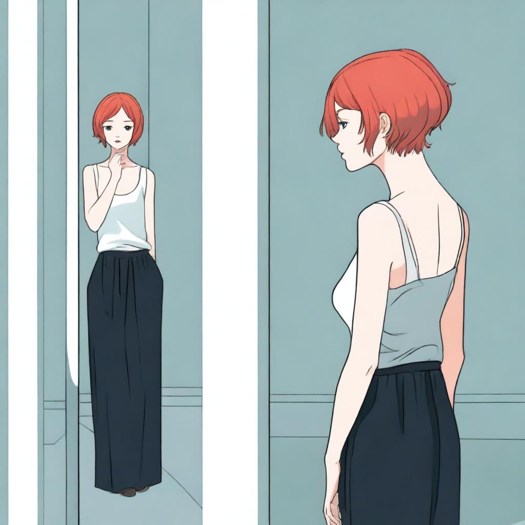 A lady with short red hair is standing alone in front of a mirror