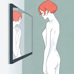 A lady with short red hair is standing alone in front of a mirror