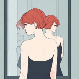 A lady with short red hair is standing alone in front of a mirror