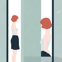 A lady with short red hair is standing alone in front of a mirror