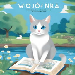 Create a book cover featuring a beautiful grey-white cat with crystal blue eyes