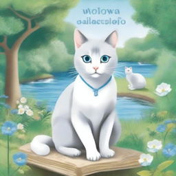 Create a book cover featuring a beautiful grey-white cat with crystal blue eyes