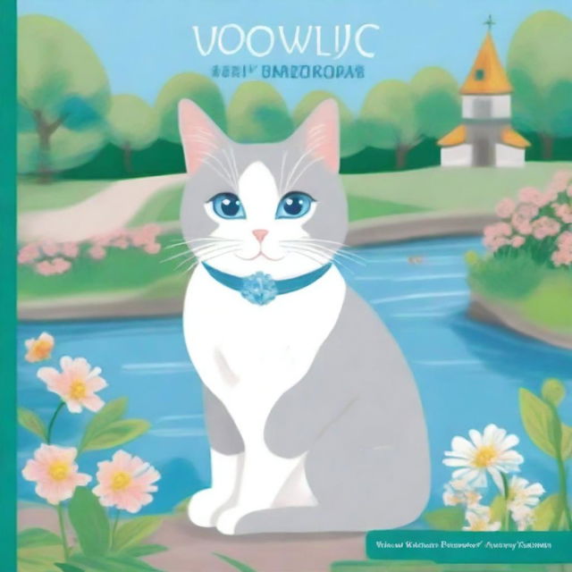 Create a book cover featuring a beautiful grey-white cat with crystal blue eyes