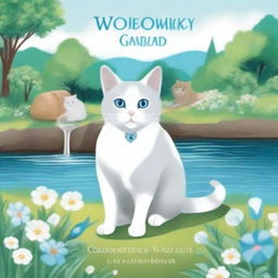 Create a book cover featuring a beautiful grey-white cat with crystal blue eyes