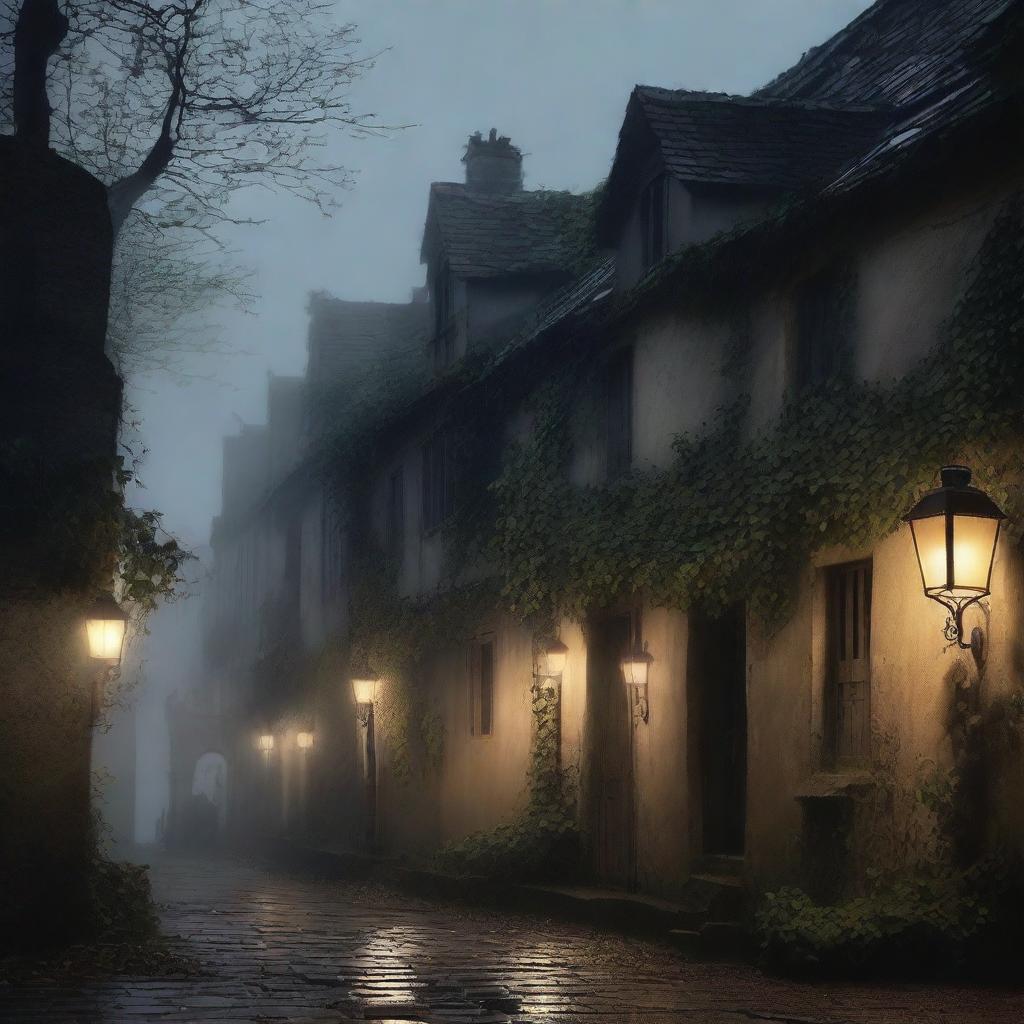 A village shrouded in mystery, with misty streets and shadowy figures lurking in the corners