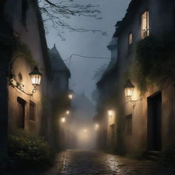 A village shrouded in mystery, with misty streets and shadowy figures lurking in the corners