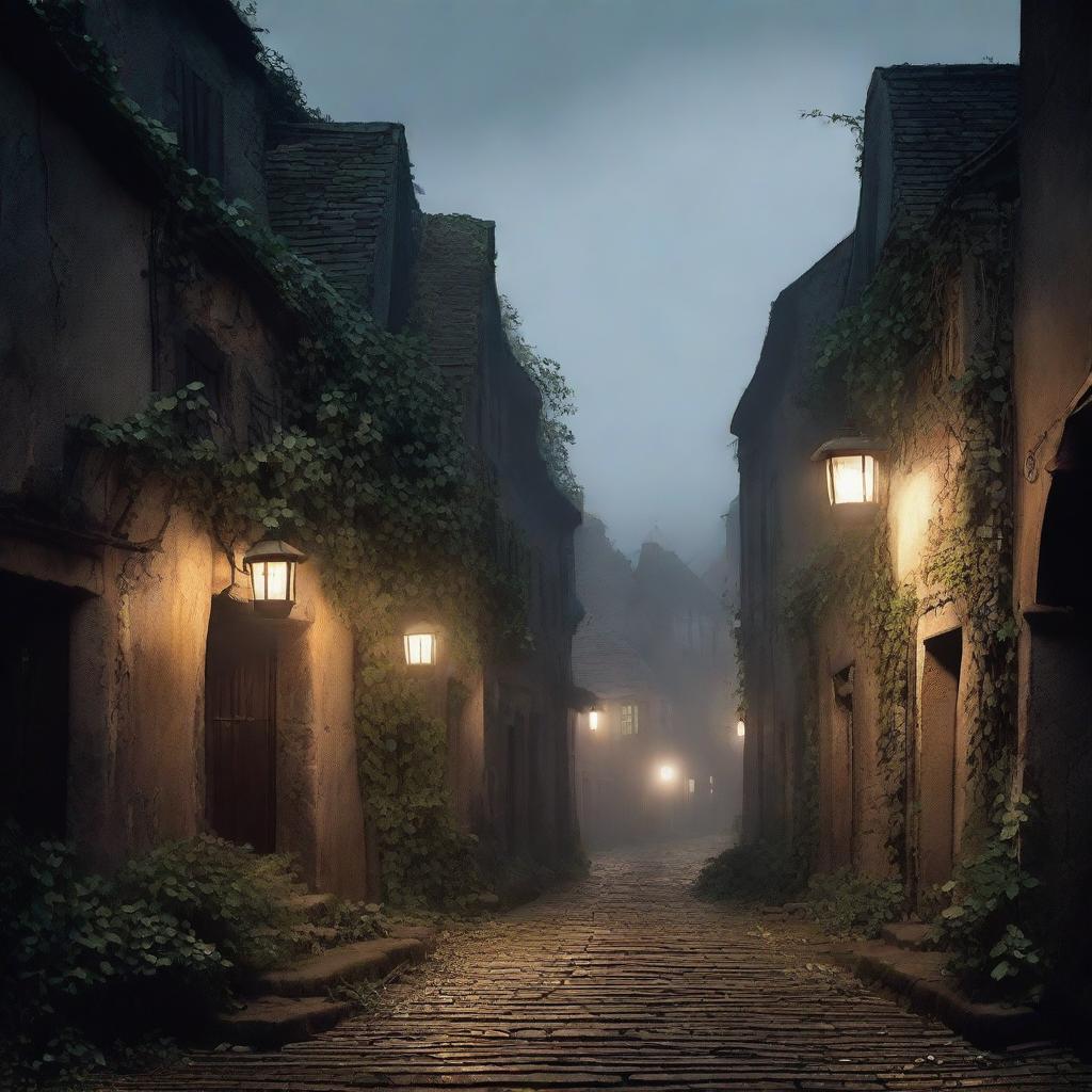 A village shrouded in mystery, with misty streets and shadowy figures lurking in the corners