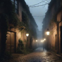 A village shrouded in mystery, with misty streets and shadowy figures lurking in the corners