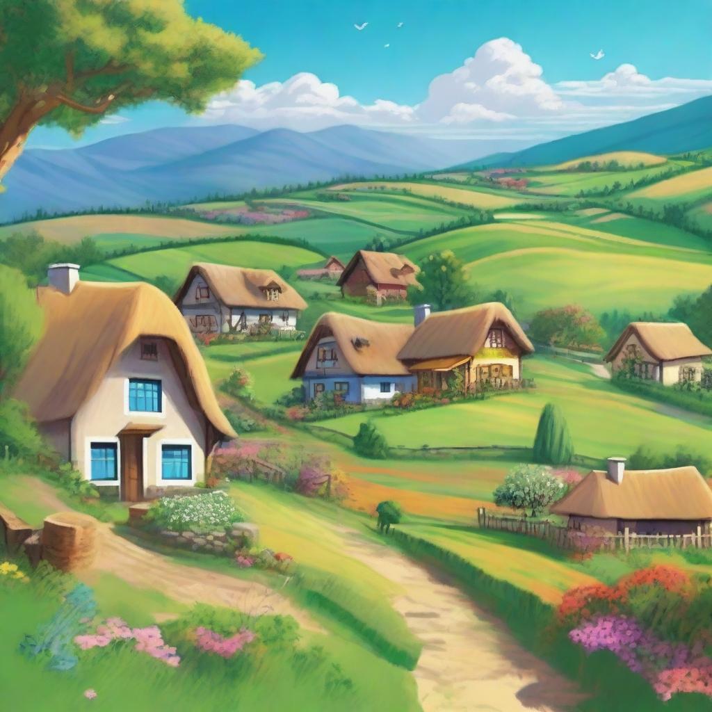 A village nestled in lush meadows, surrounded by vibrant green fields and colorful wildflowers