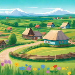 A village nestled in lush meadows, surrounded by vibrant green fields and colorful wildflowers