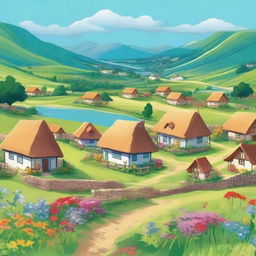 A village nestled in lush meadows, surrounded by vibrant green fields and colorful wildflowers