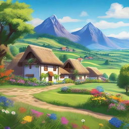 A village nestled in lush meadows, surrounded by vibrant green fields and colorful wildflowers