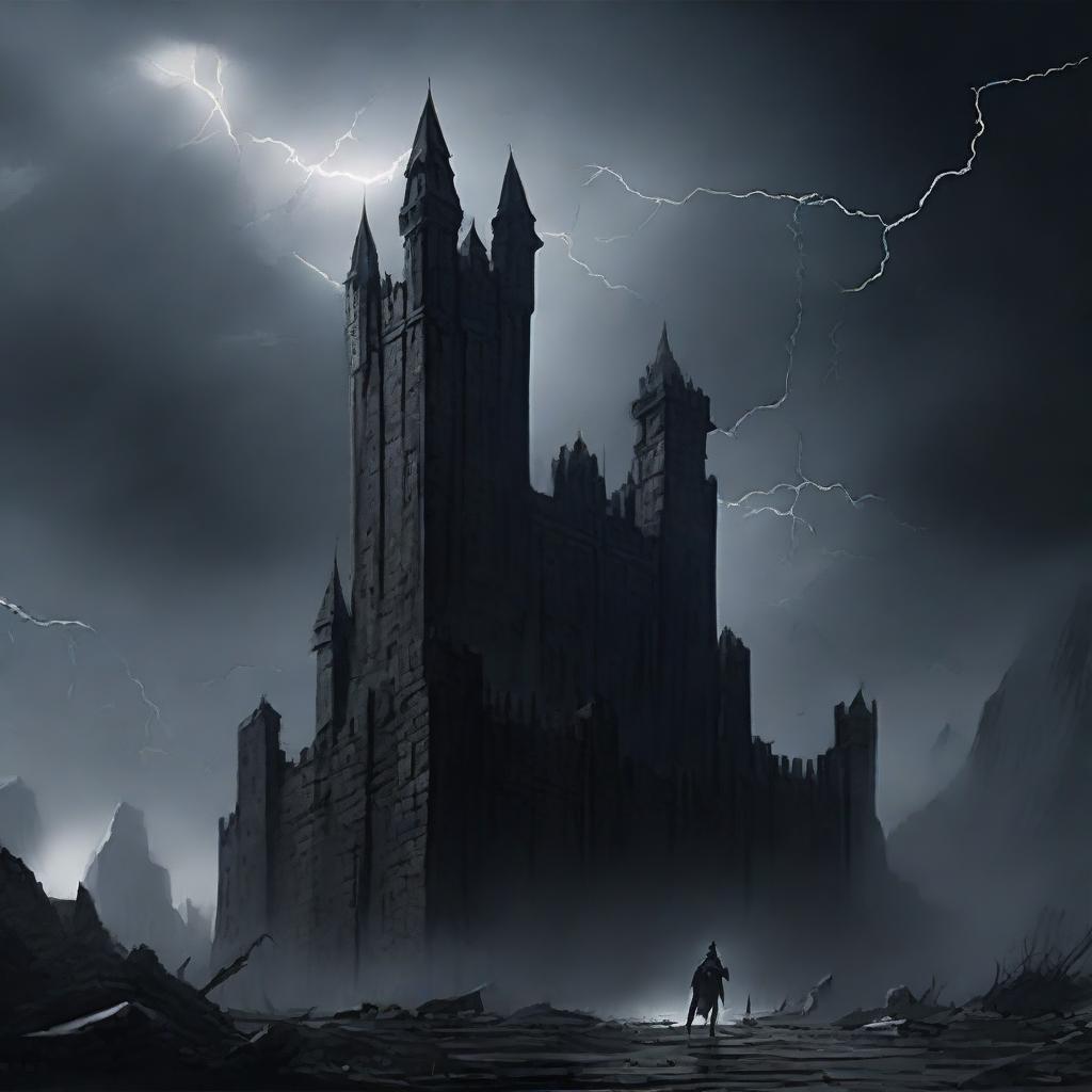 A sinister dark fortress standing ominously under a stormy sky