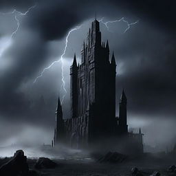 A sinister dark fortress standing ominously under a stormy sky