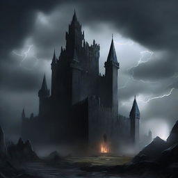 A sinister dark fortress standing ominously under a stormy sky