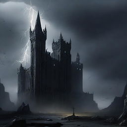 A sinister dark fortress standing ominously under a stormy sky