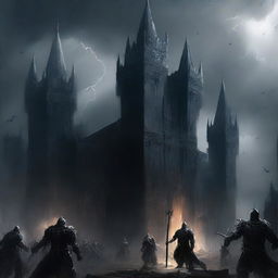 A sinister dark fortress standing ominously under a stormy sky, guarded by black knights