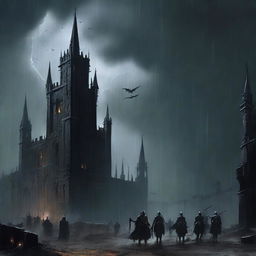 A sinister dark fortress standing ominously under a stormy sky, guarded by black knights