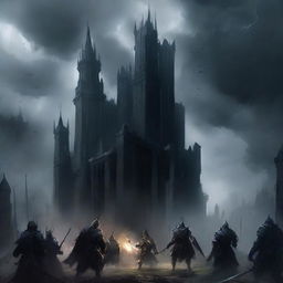 A sinister dark fortress standing ominously under a stormy sky, guarded by black knights