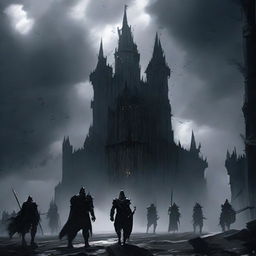 A sinister dark fortress standing ominously under a stormy sky, guarded by black knights