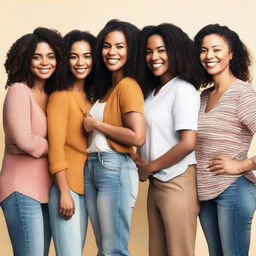 A diverse group of women from different cultural backgrounds standing together in a harmonious setting