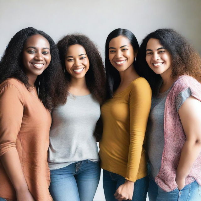 A diverse group of women from different cultural backgrounds standing together in a harmonious setting