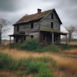 An abandoned farmstead, with dilapidated buildings and overgrown vegetation