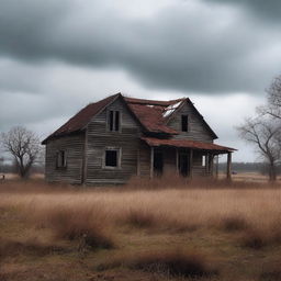 An abandoned farmstead, with dilapidated buildings and overgrown vegetation