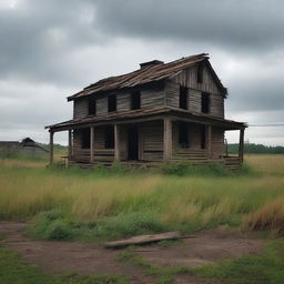 An abandoned farmstead, with dilapidated buildings and overgrown vegetation