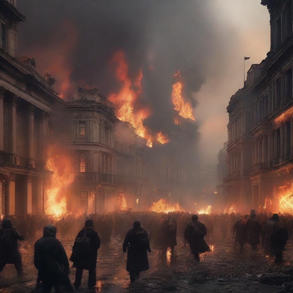 A massive city engulfed in an uprising, with buildings set ablaze and streets filled with chaos