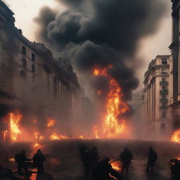 A massive city engulfed in an uprising, with buildings set ablaze and streets filled with chaos