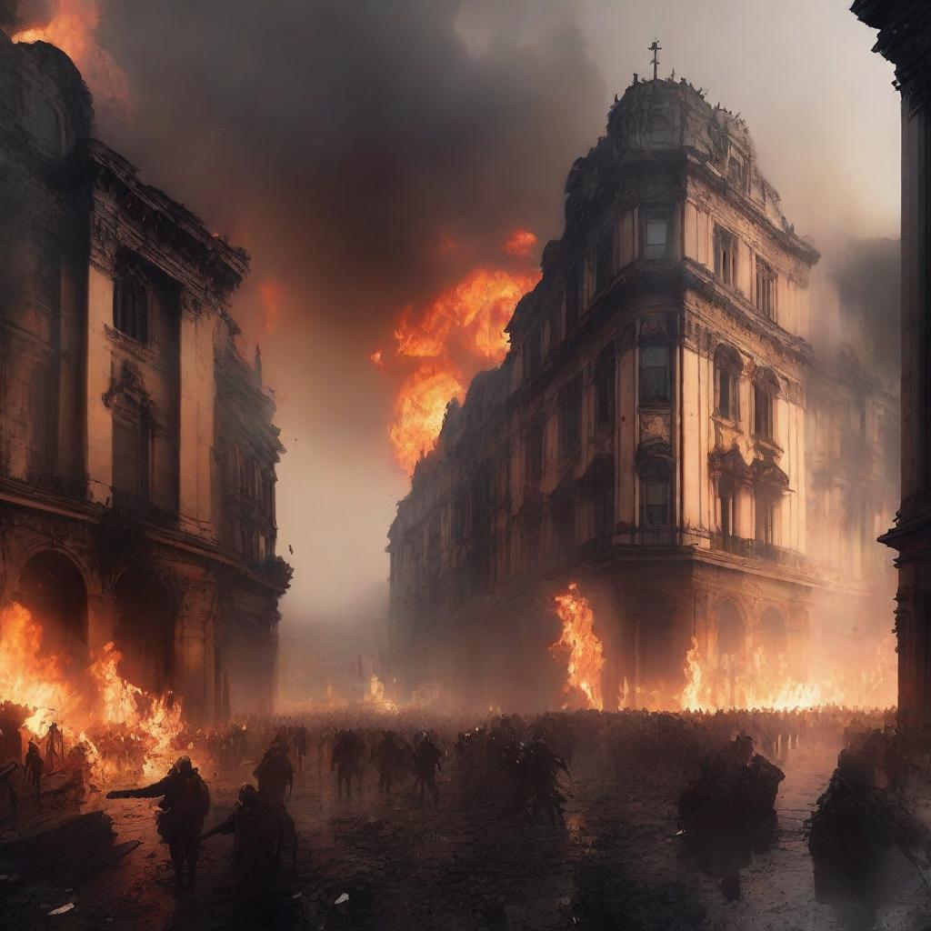 A massive city engulfed in an uprising, with buildings set ablaze and streets filled with chaos