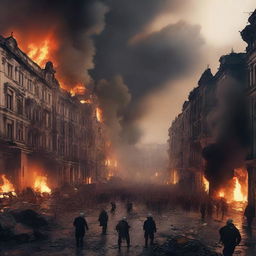 A massive city engulfed in an uprising, with buildings set ablaze and streets filled with chaos